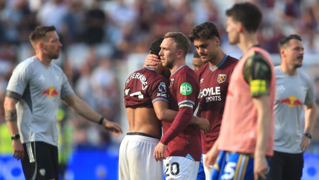 West Ham United's Jarrod Bowen hugs Mateus Fernandes after the final whistle in the Premier League match at the London Stadium. Picture date: Sunday May 24, 2026.