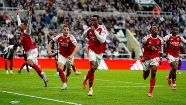Arsenal's Gabriel celebrates scoring their side's second goal of the game during the Premier League match at St. James' Park, Newcastle upon Tyne. Picture date: Sunday September 28, 2025.