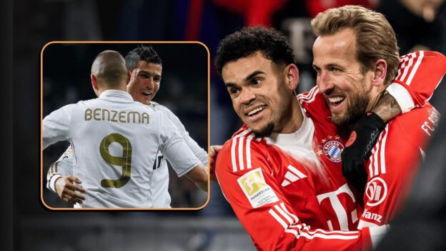 Luis Diaz and Harry Kane celebrating for Bayern Munich, with an inset image of Karim Benzema and Cristiano Ronaldo celebrating for Real Madrid
