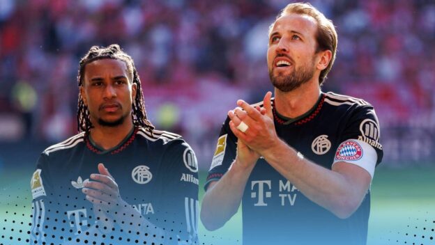 Michael Olise and Harry Kane celebrating as Bayern Munich players
