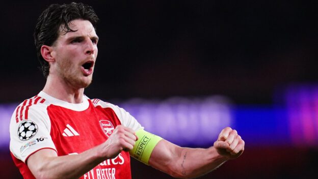 Declan Rice of Arsenal celebrates reaching semi finals of Uefa champions league during the UEFA Champions League Quarter Finals match Arsenal vs Sporting CP at Arsenal stadium, London, United Kingdom on 15 April 2026