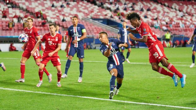 Lisbon, Lissabon, Portugal, 23rd August 2020. Kingsley COMAN, FCB 29 scores, shoots goal for , Tor, Treffer, 1-0 against Keylor NAVAS, Torwart PSG 1 Thilo KEHRER, PSG 4 , Robert LEWANDOWSKI, FCB 9 Thiago SILVA, PSG 2 Leon GORETZKA, FCB 18 watch in the final match UEFA Champions League, final