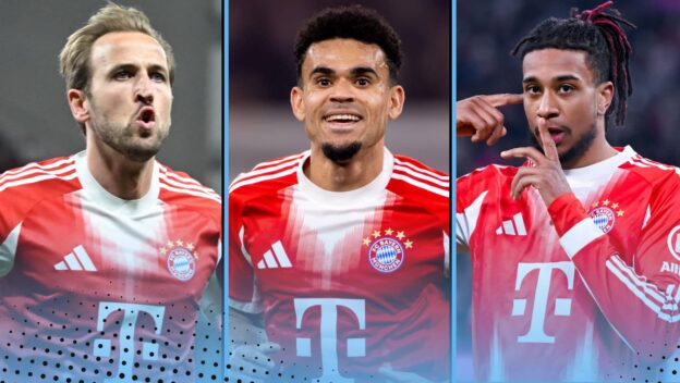 Harry Kane, Luis Diaz and Michael Olise celebrating for Bayern Munich