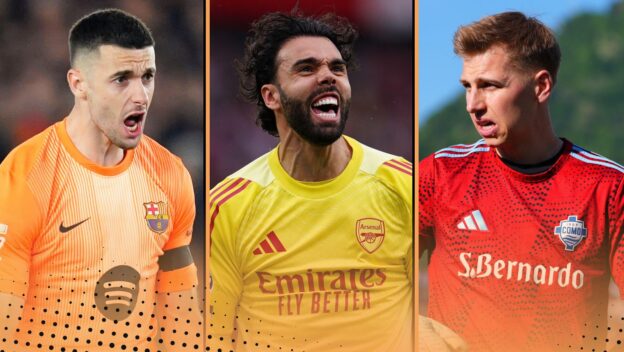 Goalkeepers Most Clean Sheets 2025-26 featuring Barcelona's Joan Garcia, Arsenal's David Raya and FC Como's Jean Butez