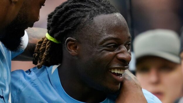 Manchester City forward Jeremy Doku celebrates against Brentford