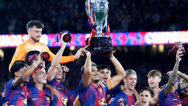 Barcelona players lifting the La Liga trophy in May 2026