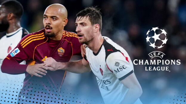 Roma and Milan players with UEFA Champions League logo