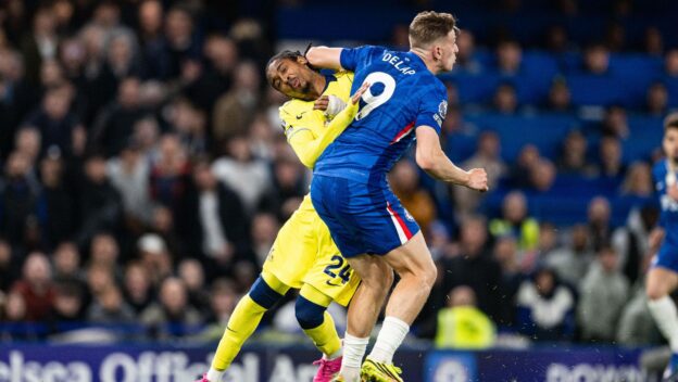 Delap escaped being sent off for this foul on Djed Spence.