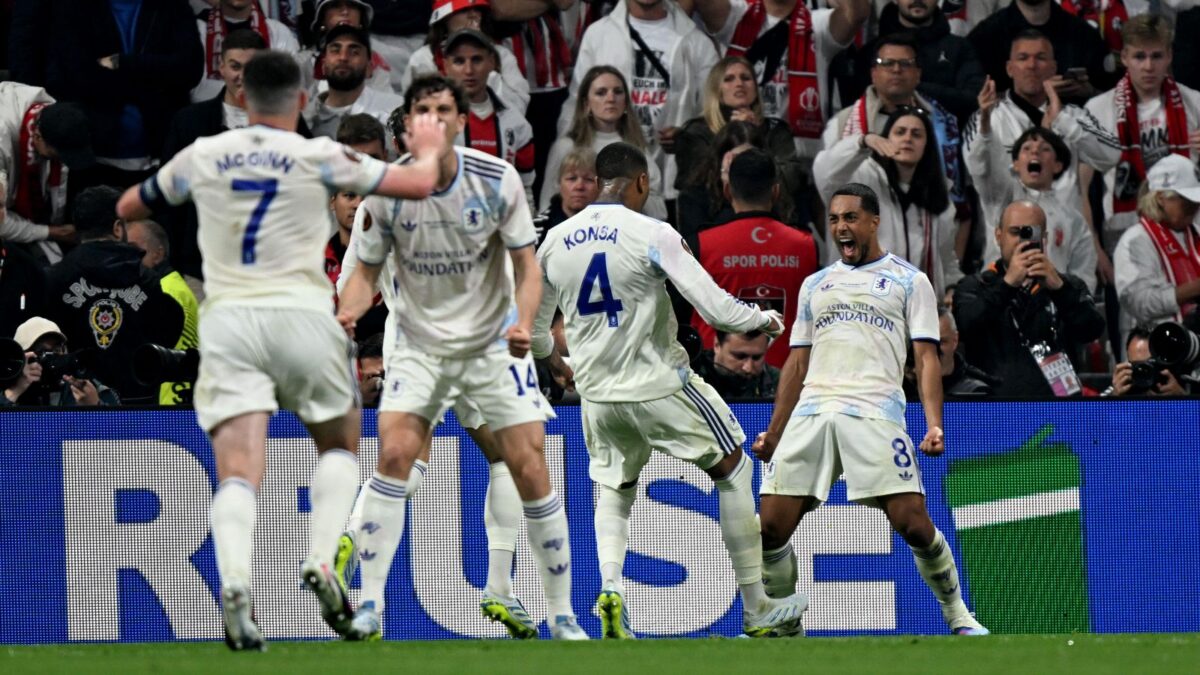 Aston Villa players celebrate during the 2026 Europa League final.