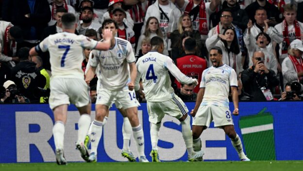 Aston Villa players celebrate during the 2026 Europa League final.