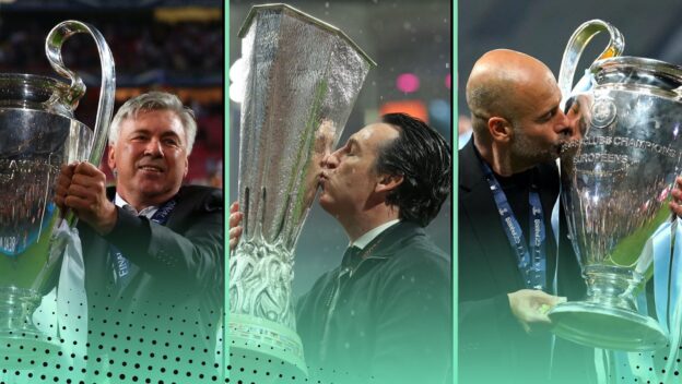 Managers with the most European trophies won featuring Unai Emery, Pep Guardiola, Carlo Ancelotti