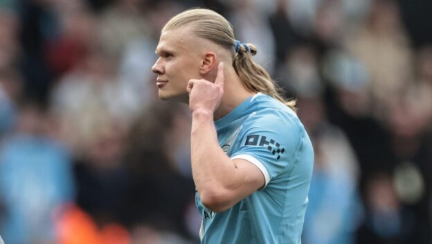 Manchester, UK. 19th Apr, 2026. Erling Haaland of Manchester City celebrates the win during the Premier League match Manchester City vs Arsenal at Etihad Stadium, Manchester, United Kingdom on 19 April 2026