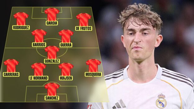 Spain lineup graphic with Dean Huijsen pictured in Real Madrid kit