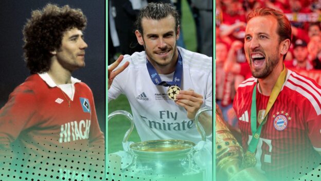 Best British football exports of all time featuring (L-R) Kevin Keegan, Gareth Bale and Harry Kane