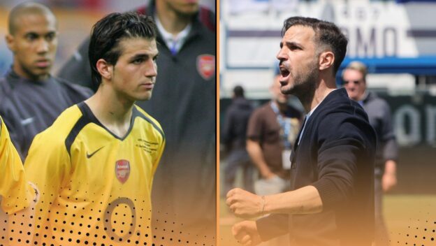 Cesc Fabregas pictured in 2006 after losing the Champions League final and in 2026 after leading Como to the Champions League