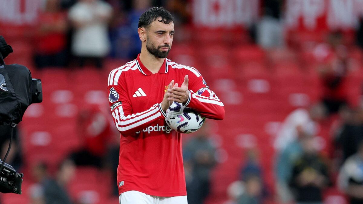 Bruno Fernandes after netting three goals against Ipswich in 2026.