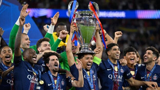 PSG lifting Champions League trophy in 2026