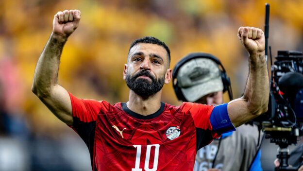 Mohamed Salah celebrates Egypt's shoot-out win in 2026.