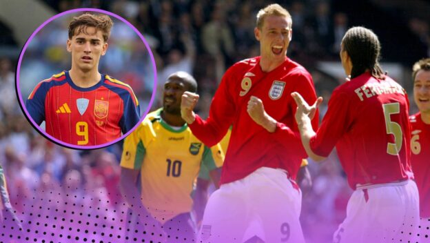 Peter Crouch celebrating for England against Jamaica, with Spain player Gavi inset