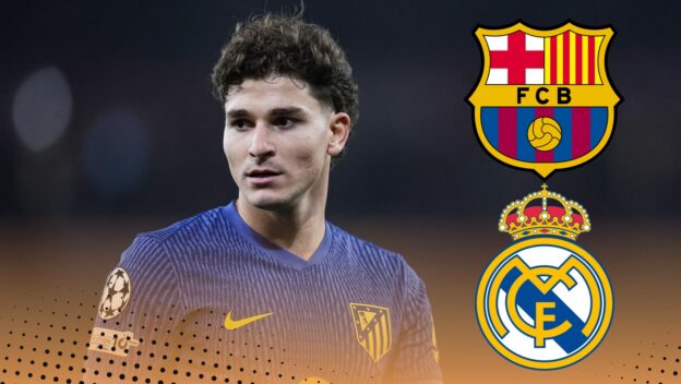 Julian Alvarez with the Barcelona and Real Madrid badge