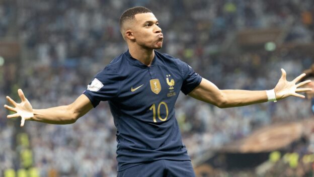 Lusail, Qatar, December 18, 2022. France's forward Kylian Mbappe celebrates his goal during the FIFA World Cup Qatar 2022 Final match between Argentina and France at Lusail Stadium on December 18, 2022 in Lusail City, Qatar.