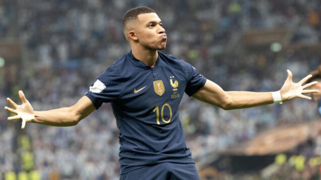 Lusail, Qatar, December 18, 2022. France's forward Kylian Mbappe celebrates his goal during the FIFA World Cup Qatar 2022 Final match between Argentina and France at Lusail Stadium on December 18, 2022 in Lusail City, Qatar.