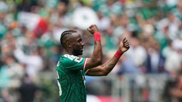 Mexico's Julian Quinones celebrates after scoring the opening goal during the World Cup Group A soccer match between Mexico and South Africa in Mexico City, Thursday, June 11, 2026.