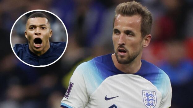 Kylian Mbappe celebrates after Harry Kane misses a penalty