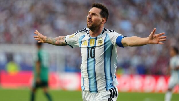 Argentina's Lionel Messi (10) celebrates after scoring the opening goal during the World Cup Group J soccer match between Argentina and Algeria in Kansas City, Mo., Tuesday, June 16, 2026.