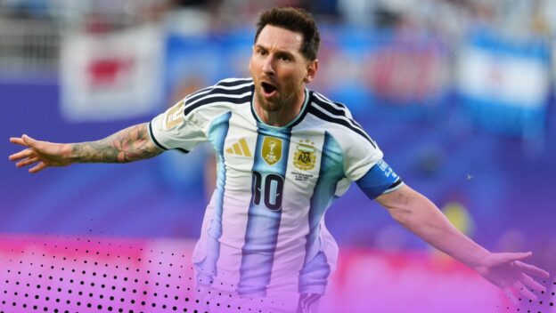Lionel Messi celebrates at the World Cup