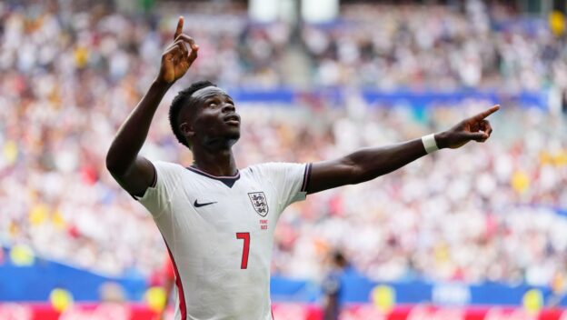 Bukayo Saka celebrates his World Cup hat-trick in 2026.