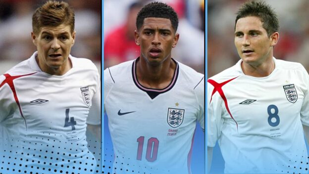 Steven Gerrard, Jude Bellingham and Frank Lampard in England kits