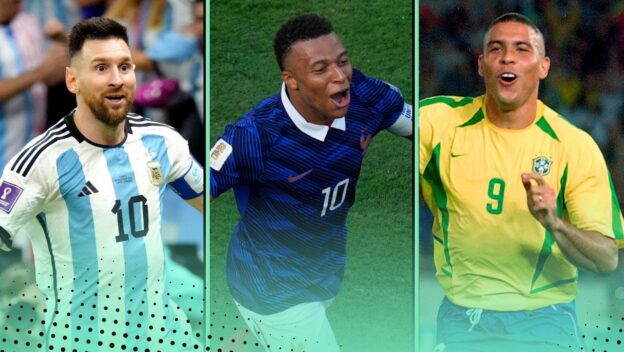 World Cup knockout stage goalscorers featuring Lionel Messi, Kylian Mbappe and Ronaldo