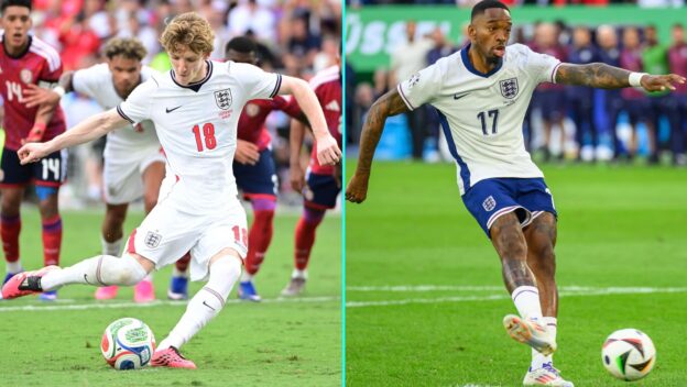 Ivan Toney and Anthony Gordon taking England penalties.