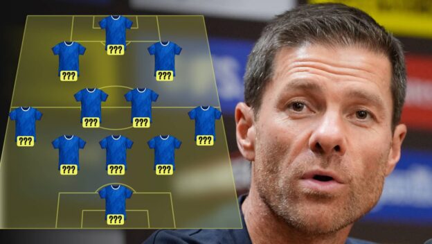 Xabi Alonso and a Chelsea lineup graphic