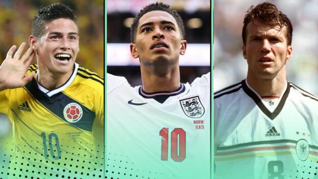James Rodriguez in Colombia kit, Jude Bellingham in England kit and Lothar Matthaus in Germany kit
