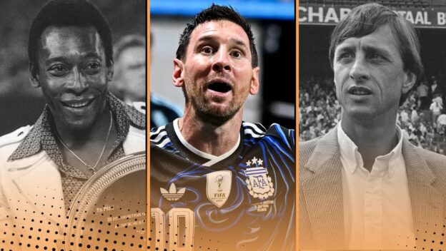 Pele, Lionel Messi and Johan Cruyff all pictured at the age of 39