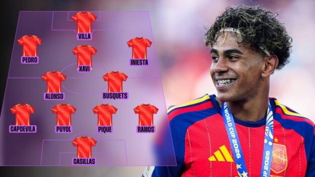 Lamine Yamal and a Spain 2010 lineup graphic
