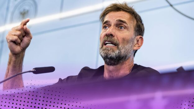 Jurgen Klopp speaking and pointing at a Germany press conference