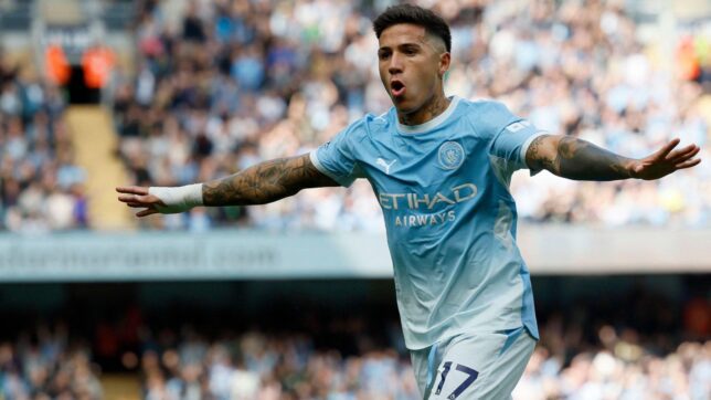 Manchester City's record signing celebrates scoring in 2026.