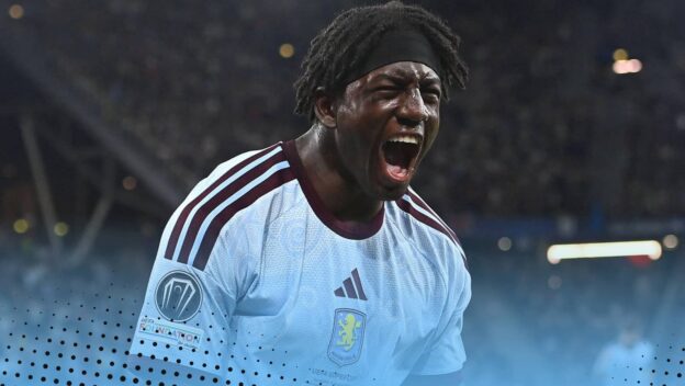 Brian Madjo celebrating his first goal for Aston Villa