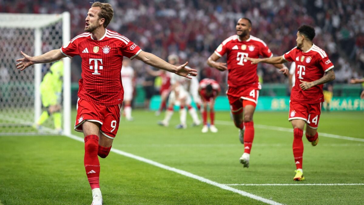 BERLIN, GERMANY - MAY 23: Harry Kane of Bayern Muenchen celebrates as he scores the goal 1:0 during the DFB Cup Final 2026 match between FC Bayern München and VfB Stuttgart at Olympiastadion on May 23, 2026 in Berlin, Germany