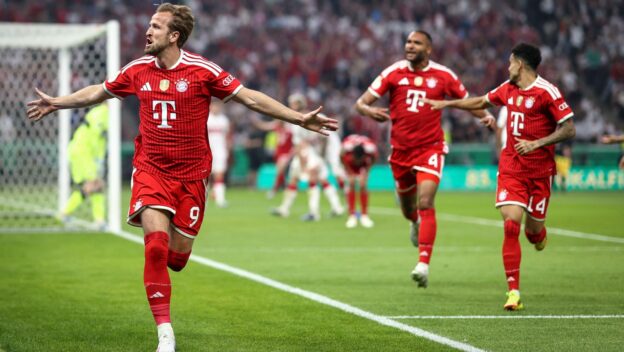 BERLIN, GERMANY - MAY 23: Harry Kane of Bayern Muenchen celebrates as he scores the goal 1:0 during the DFB Cup Final 2026 match between FC Bayern München and VfB Stuttgart at Olympiastadion on May 23, 2026 in Berlin, Germany
