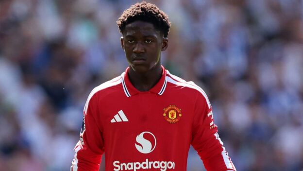 Kobbie Mainoo playing for Manchester United