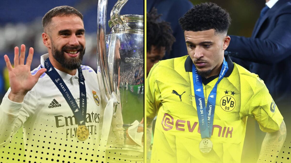 Dani Carvajal with the Champions League trophy and Jadon Sancho in Borussia Dortmund kit