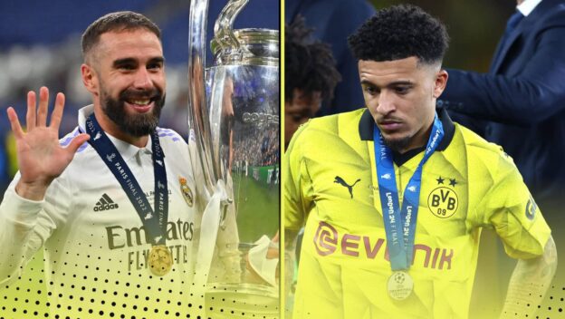 Dani Carvajal with the Champions League trophy and Jadon Sancho in Borussia Dortmund kit