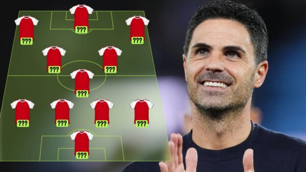 Mikel Arteta and an Arsenal lineup graphic