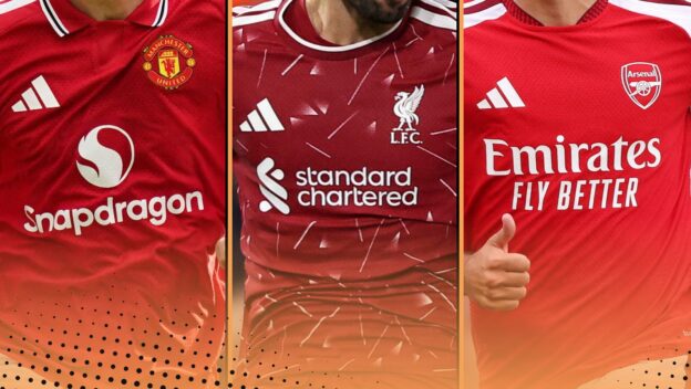 Manchester United, Liverpool and Arsenal kits