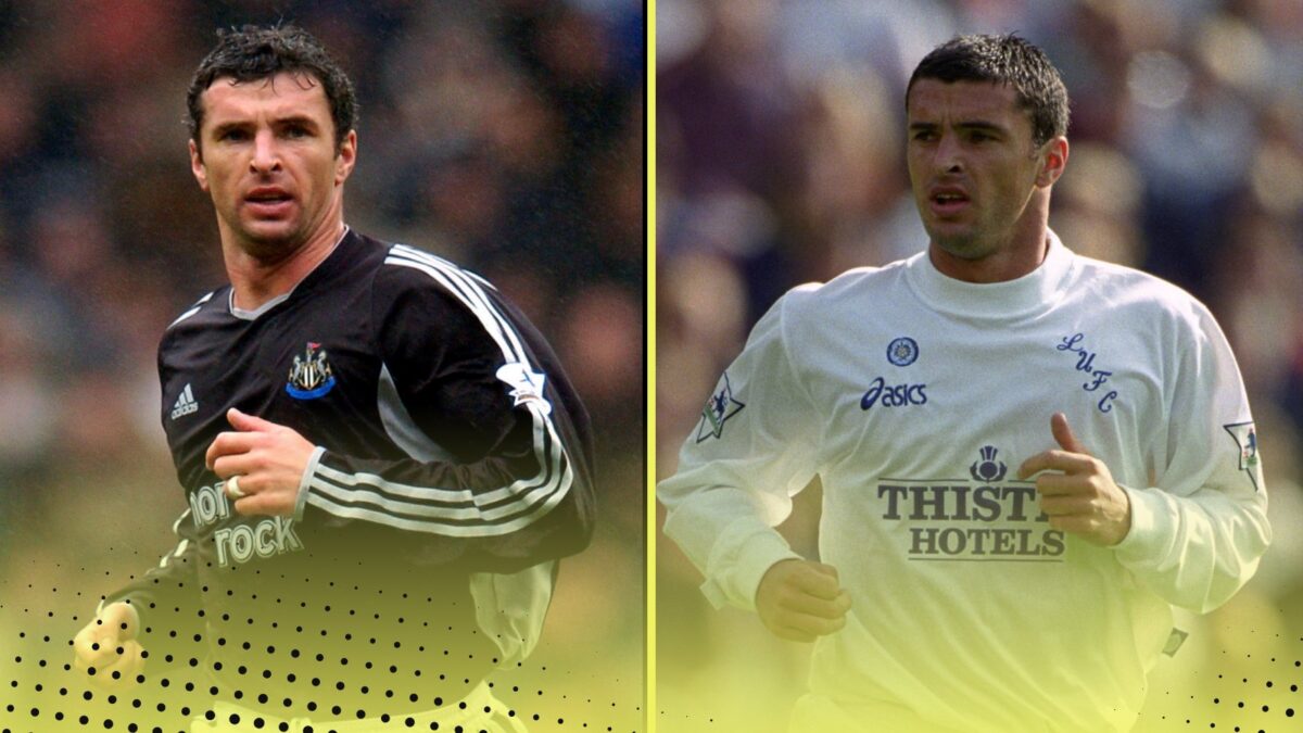 Gary Speed pictured playing for Newcastle United and Leeds United