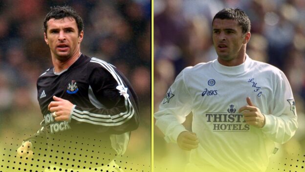 Gary Speed pictured playing for Newcastle United and Leeds United